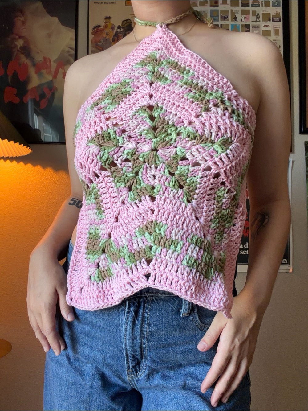 Crochet green and pink ombré star rave top